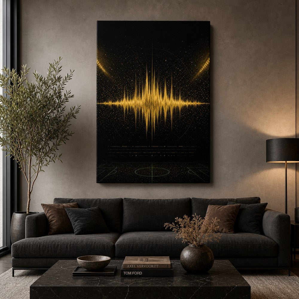 Black Gold Goal Soundwave Soccer Canvas Wall Art 24×36 inch wrapped canvas wall mockup