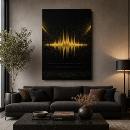 Black Gold Goal Soundwave Soccer Canvas Wall Art 24×36 inch wrapped canvas wall mockup