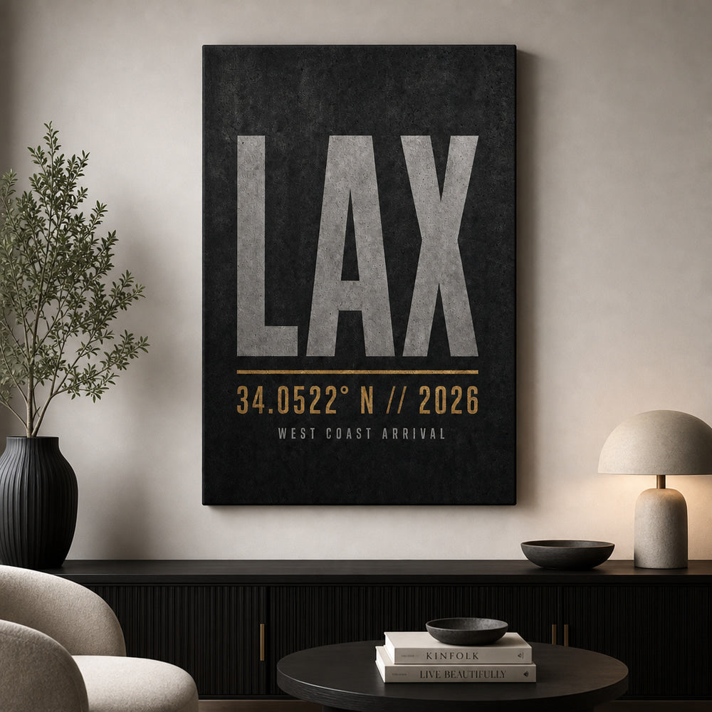 LAX Airport Code Coordinates Canvas Wall Art 01 24×36 inch wrapped canvas wall mockup