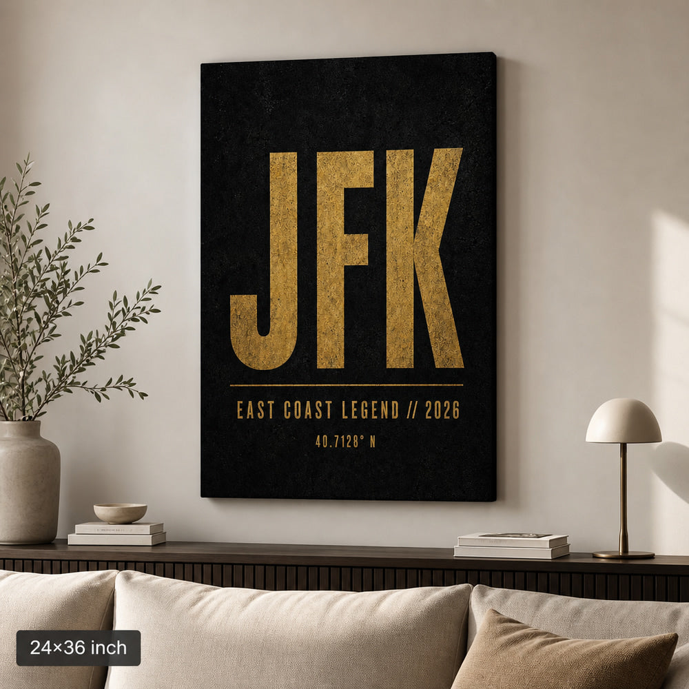 JFK Airport Code Coordinates Canvas Wall Art 02 24×36 inch wrapped canvas wall mockup