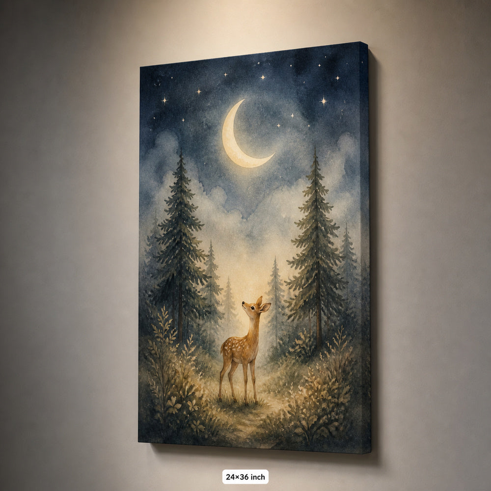 Moonlit Forest Deer Nursery Canvas Wall Art — 24×36 room mockup