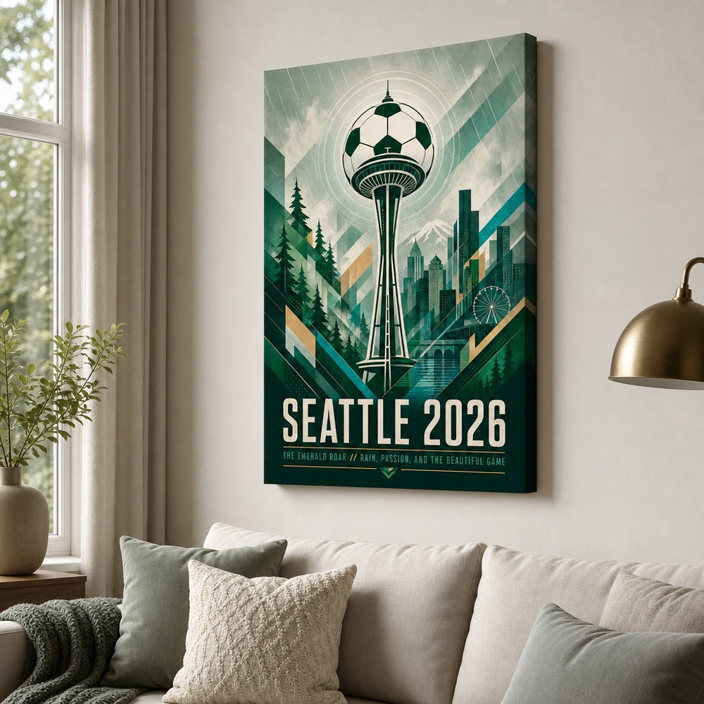 Seattle 2026 Emerald Roar Soccer Canvas Wall Art 05 24×36 inch wrapped canvas wall mockup