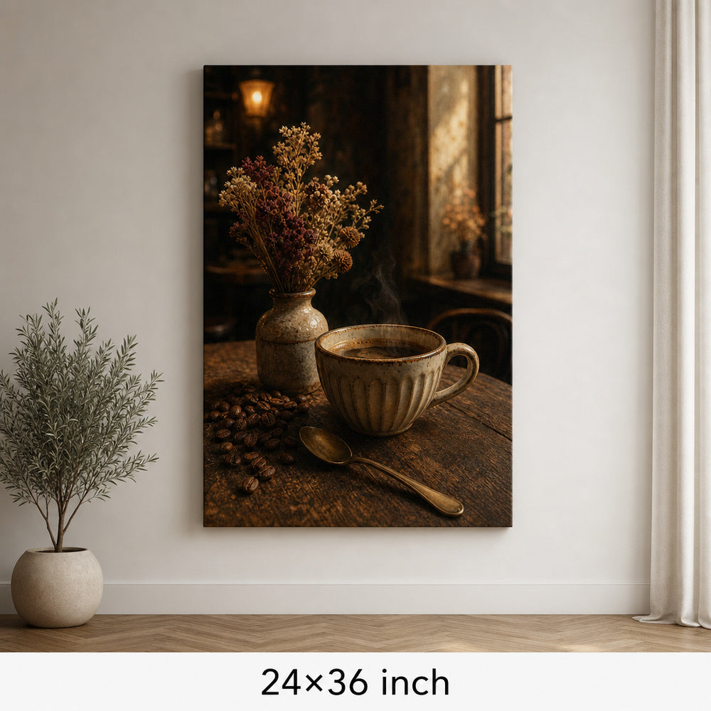 Vintage Coffee Bar Still Life Canvas Wall Art — 24×36 room mockup