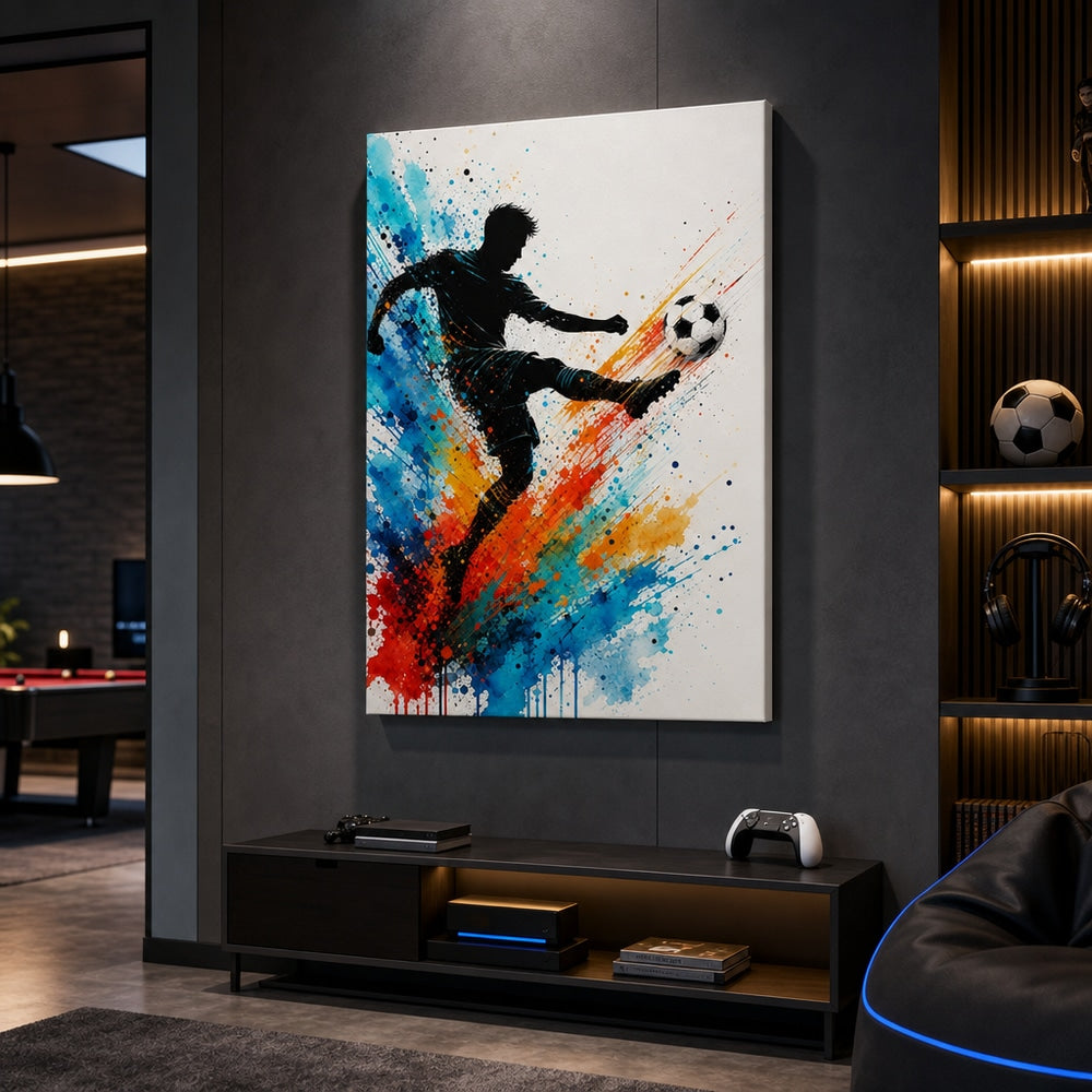 Dynamic Splatter Striker Soccer Canvas Wall Art 02 24×36 inch wrapped canvas wall mockup