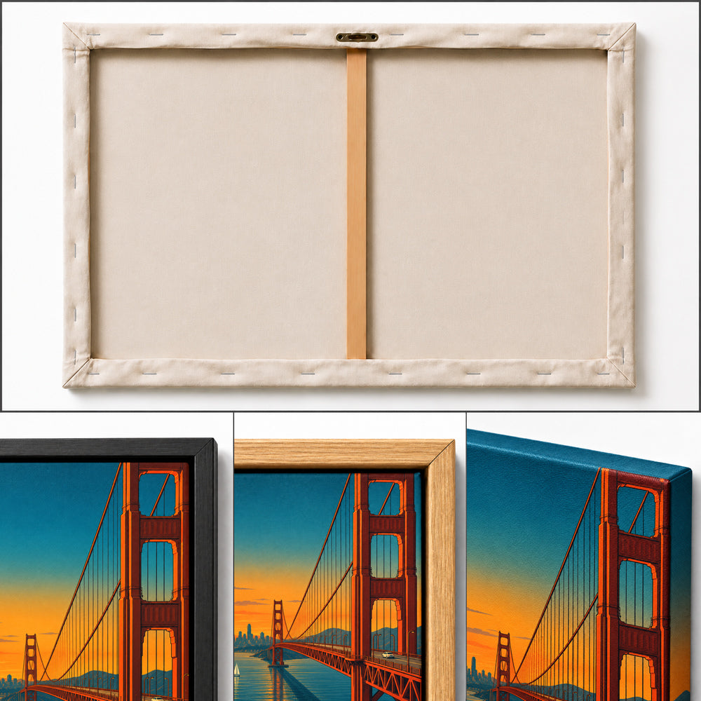 Golden Gate Bridge sunset travel poster from bridge deck travel-poster-style artwork detail