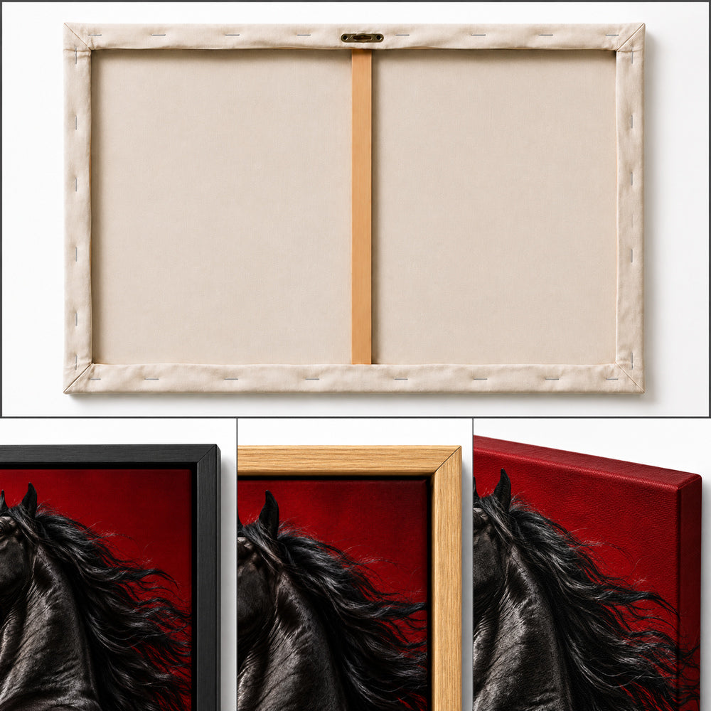 black rearing horse against deep red studio backdrop studio-style artwork detail