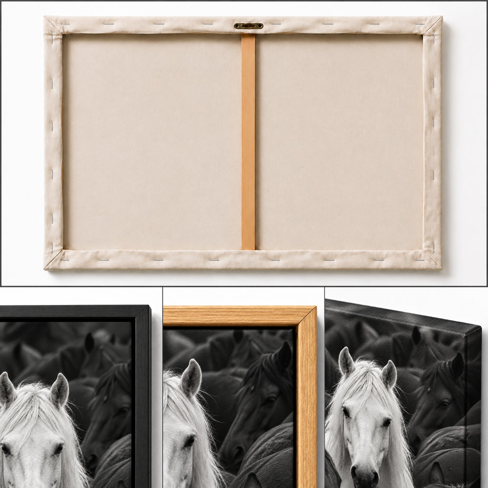 white horse centered in a dark herd black-and-white photograph photographic artwork detail