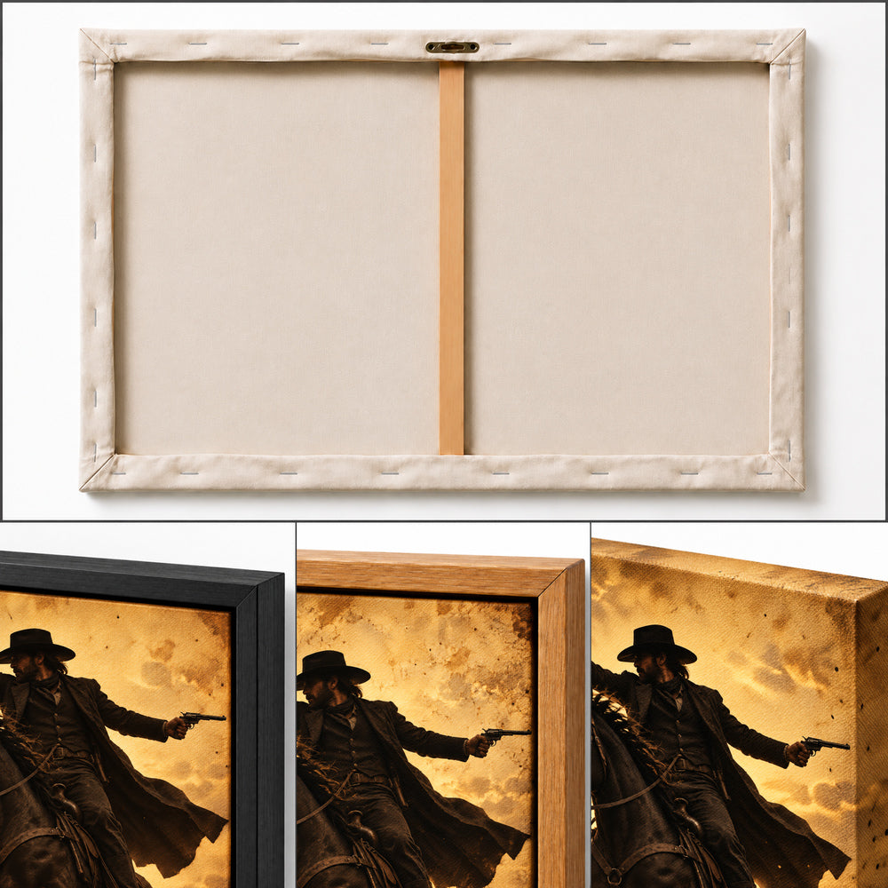 anonymous outlaw cowboy riding horse with twin revolvers vintage-style artwork detail