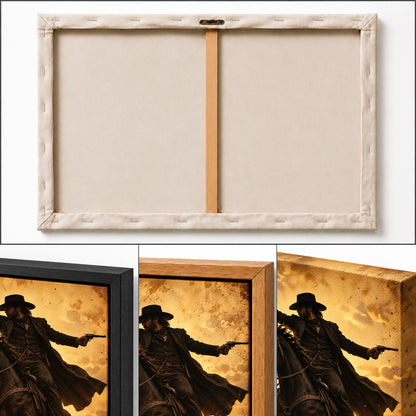 anonymous outlaw cowboy riding horse with twin revolvers vintage-style artwork detail