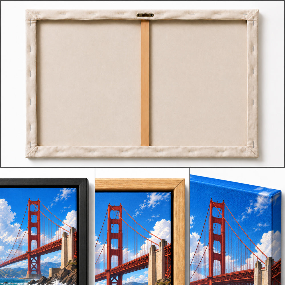 Golden Gate Bridge above rocky coast and breaking waves photographic artwork detail