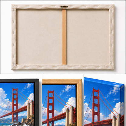 Golden Gate Bridge above rocky coast and breaking waves photographic artwork detail