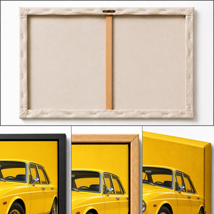 original yellow vintage sedan in clean studio setting studio-style artwork detail