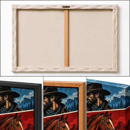 original cowboy horse and frontier buildings three-panel comic comic-style artwork detail