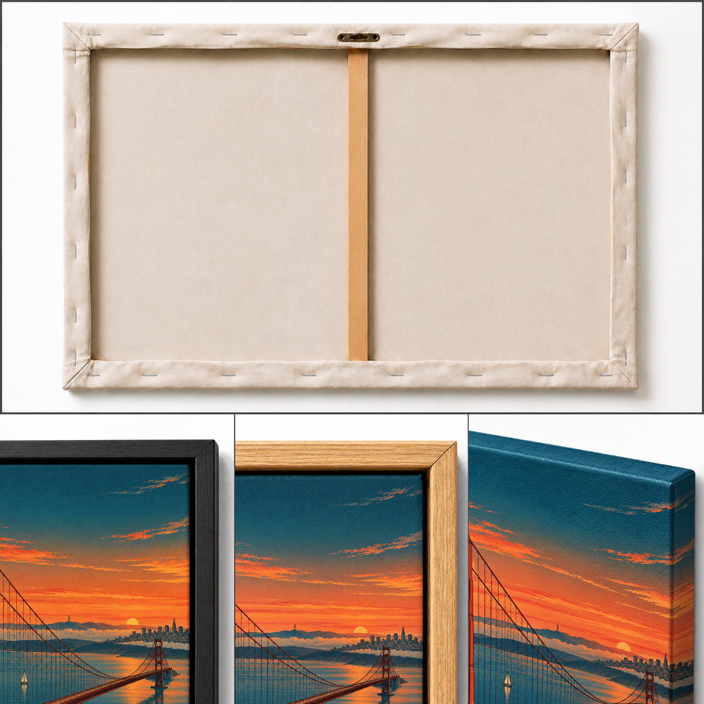 Golden Gate Bridge over bay at dusk from high overlook photographic artwork detail