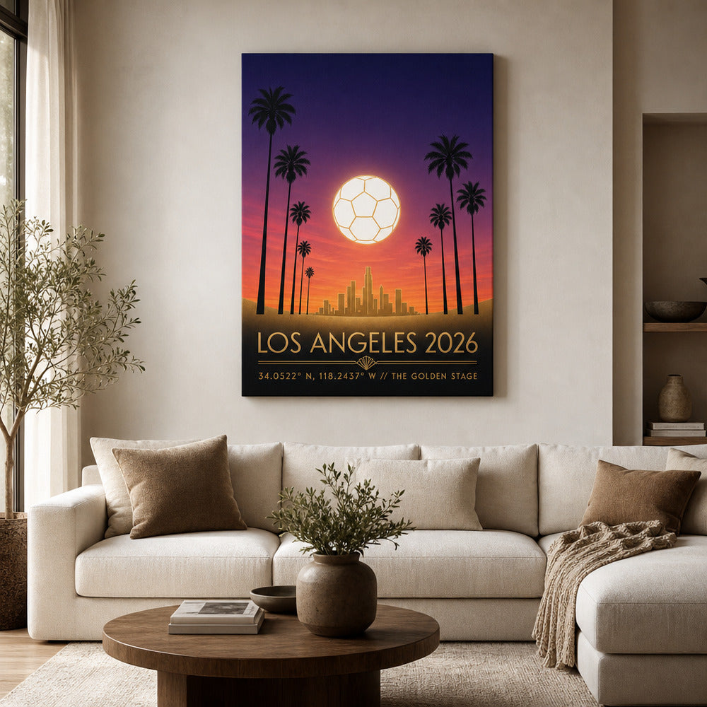 Los Angeles 2026 Golden Stage Soccer Canvas Wall Art 03 30×40 inch wrapped canvas wall mockup