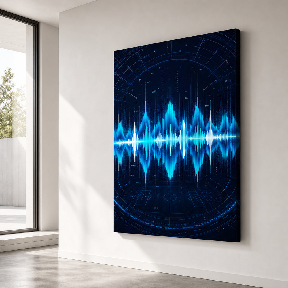 Blue Cyan Tech Soundwave Soccer Canvas Wall Art 30×40 inch wrapped canvas wall mockup