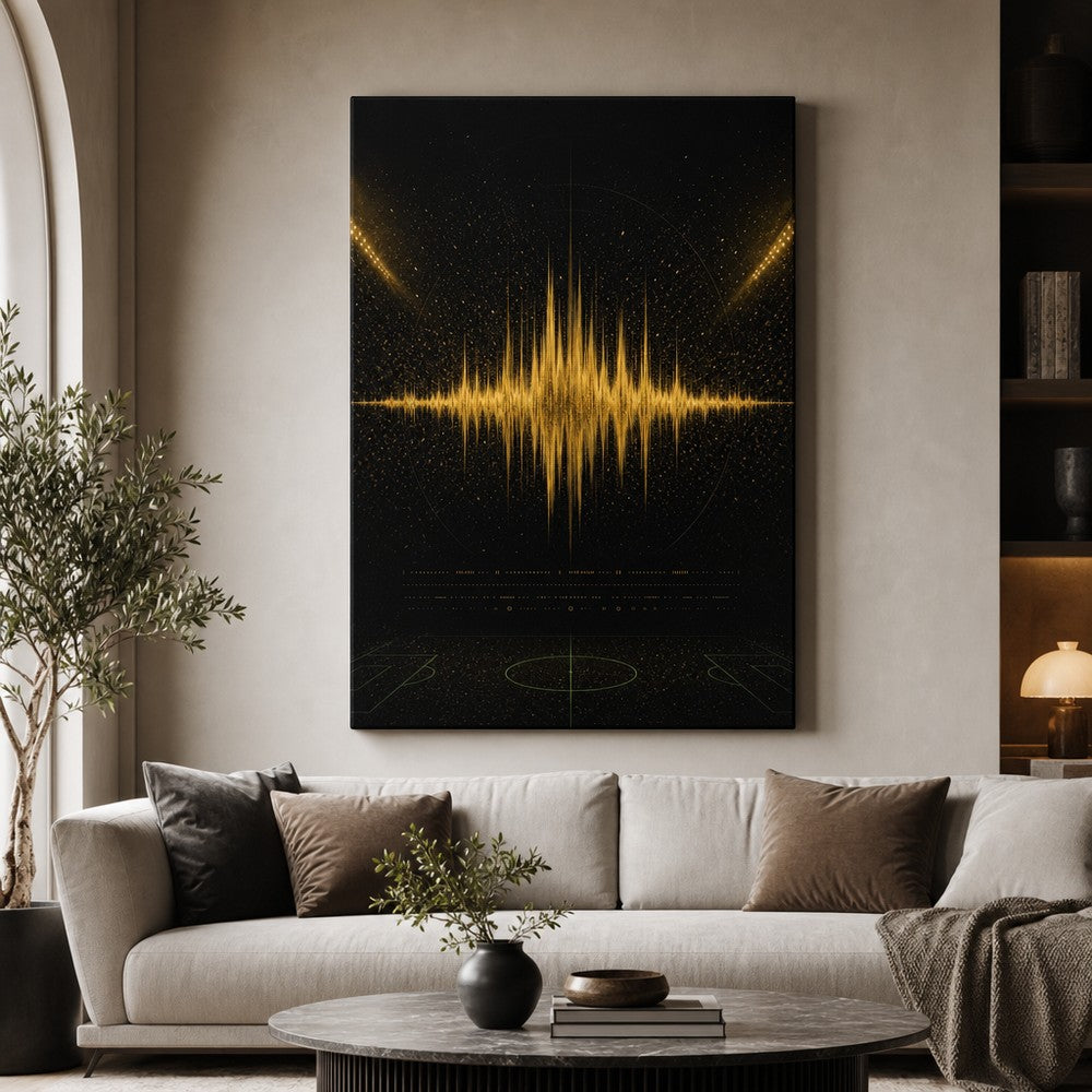 Black Gold Goal Soundwave Soccer Canvas Wall Art 30×40 inch wrapped canvas wall mockup
