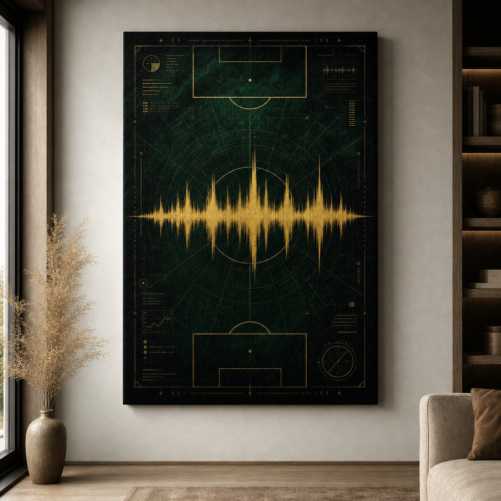 Emerald Gold Coordinate Soundwave Soccer Canvas Wall Art 30×40 inch wrapped canvas wall mockup
