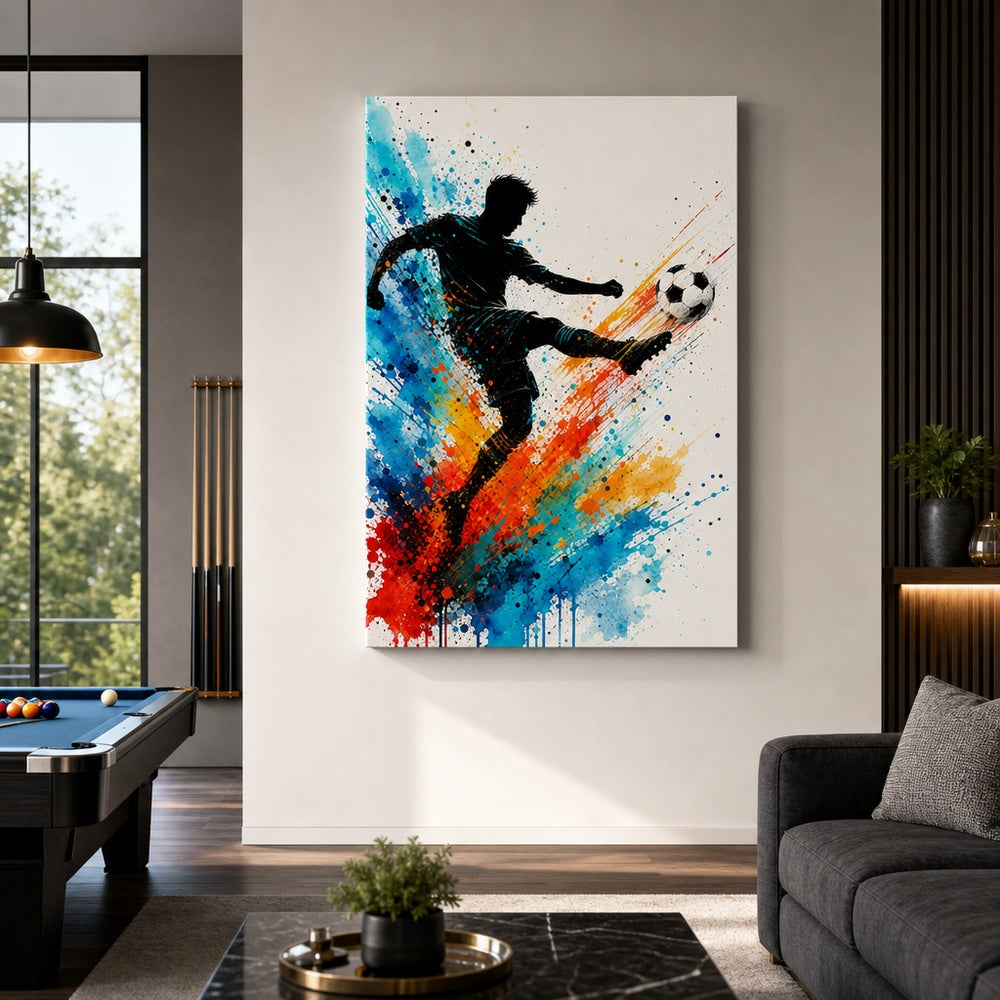 Dynamic Splatter Striker Soccer Canvas Wall Art 02 30×40 inch wrapped canvas wall mockup