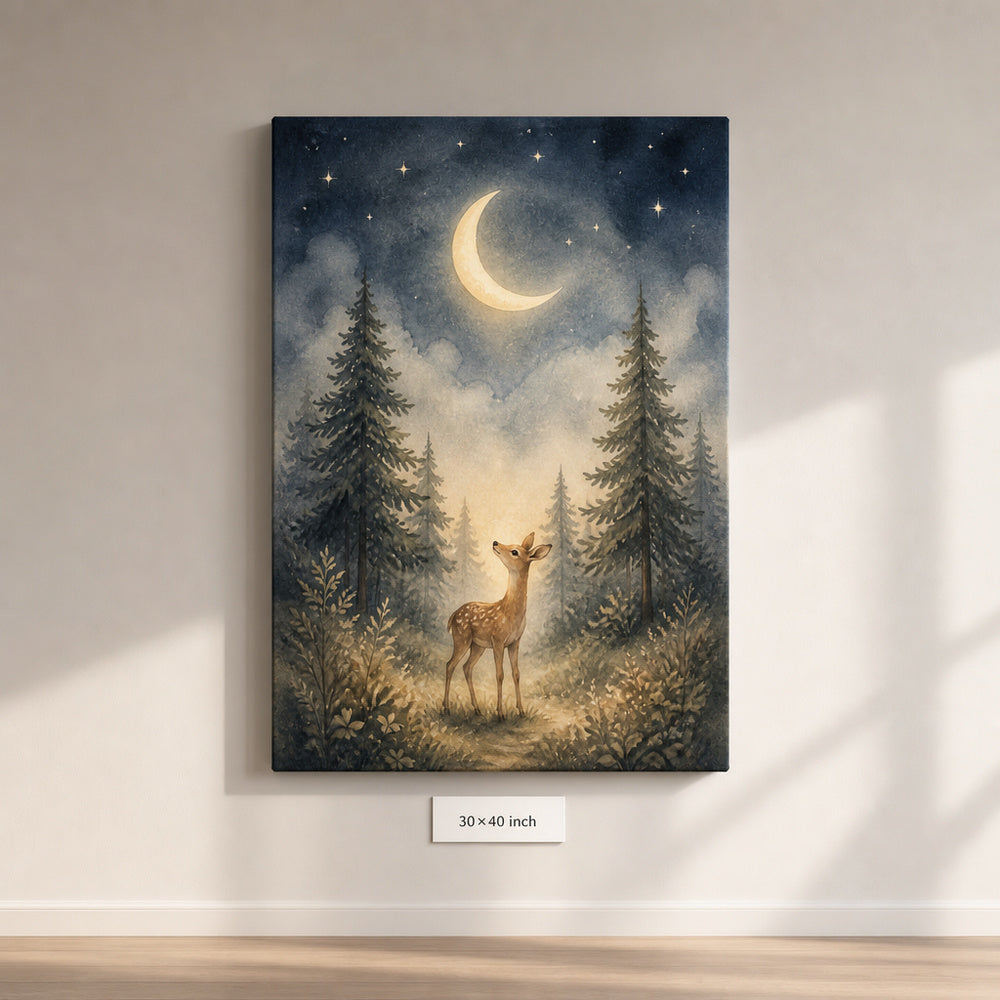 Moonlit Forest Deer Nursery Canvas Wall Art — 30×40 room mockup