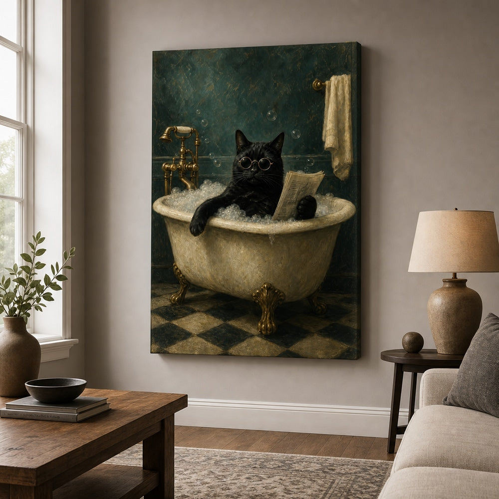 Funny Black Cat Bathtub Canvas Wall Art 01 30×40 inch wrapped canvas wall mockup
