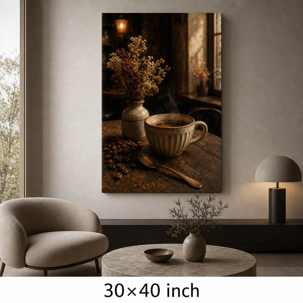 Vintage Coffee Bar Still Life Canvas Wall Art — 30×40 room mockup