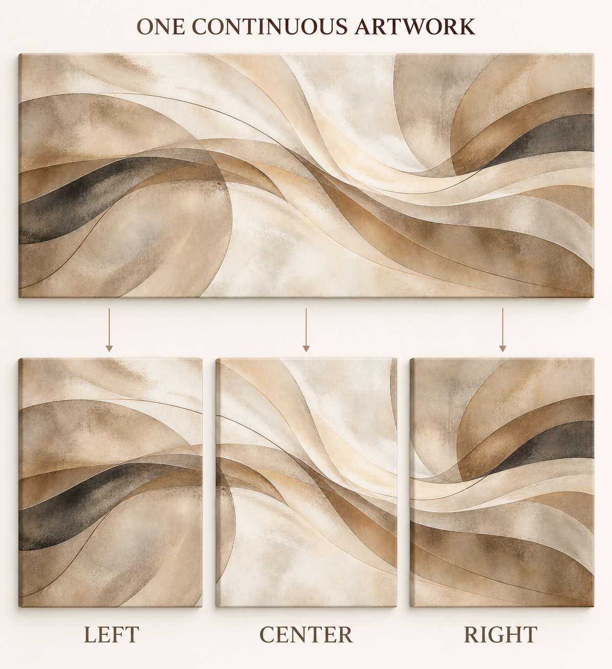Warm Neutral Sweeping Forms Abstract Triptych Wrapped Canvas Wall Art - 08_continuity_left_center_right