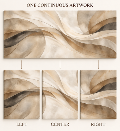 Warm Neutral Sweeping Forms Abstract Triptych Wrapped Canvas Wall Art - 08_continuity_left_center_right
