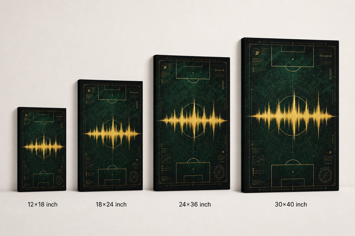 Emerald Gold Coordinate Soundwave Soccer Canvas Wall Art canvas size comparison