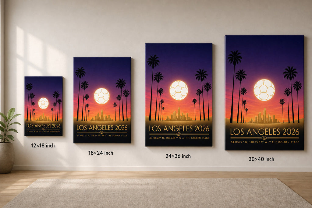 Los Angeles 2026 Golden Stage Soccer Canvas Wall Art 03 canvas size comparison