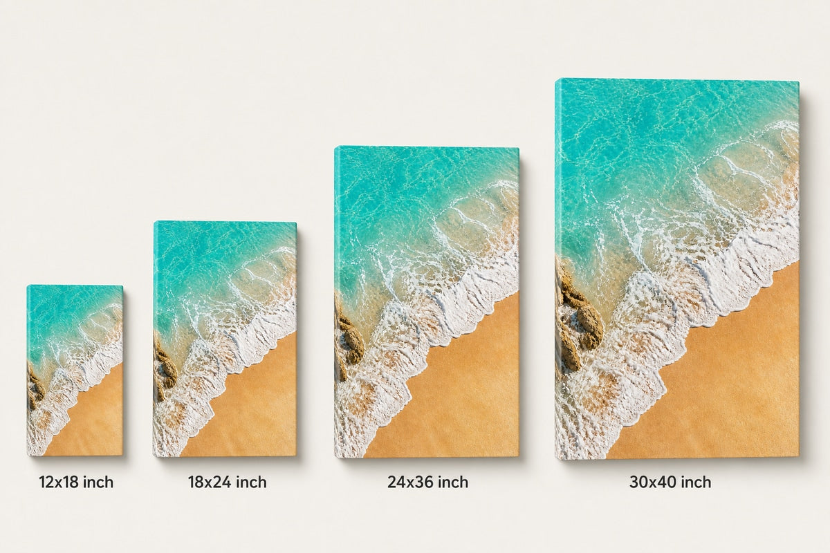 Coastal Aerial Waves Healing Canvas Wall Art 02 canvas size comparison