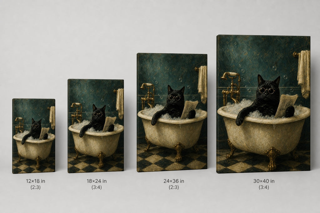 Funny Black Cat Bathtub Canvas Wall Art 01 canvas size comparison