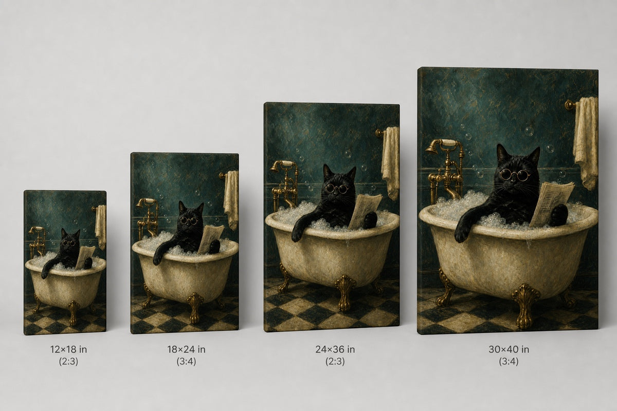 Funny Black Cat Bathtub Canvas Wall Art 01 canvas size comparison