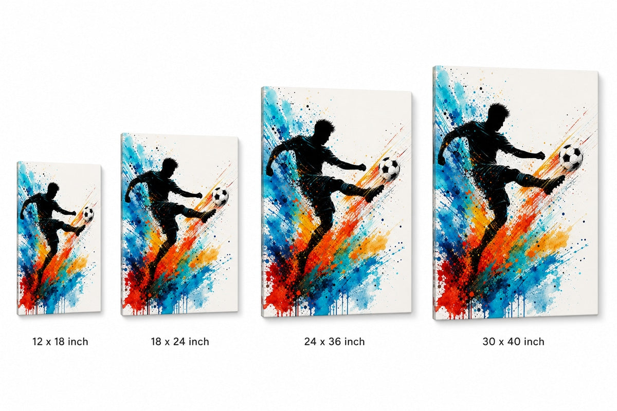 Dynamic Splatter Striker Soccer Canvas Wall Art 02 canvas size comparison