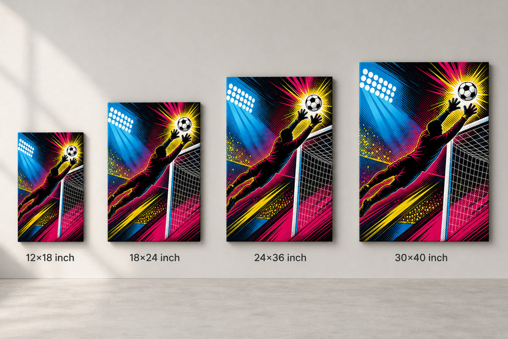 Pop Art Goalkeeper Save Soccer Canvas Wall Art 04 canvas size comparison