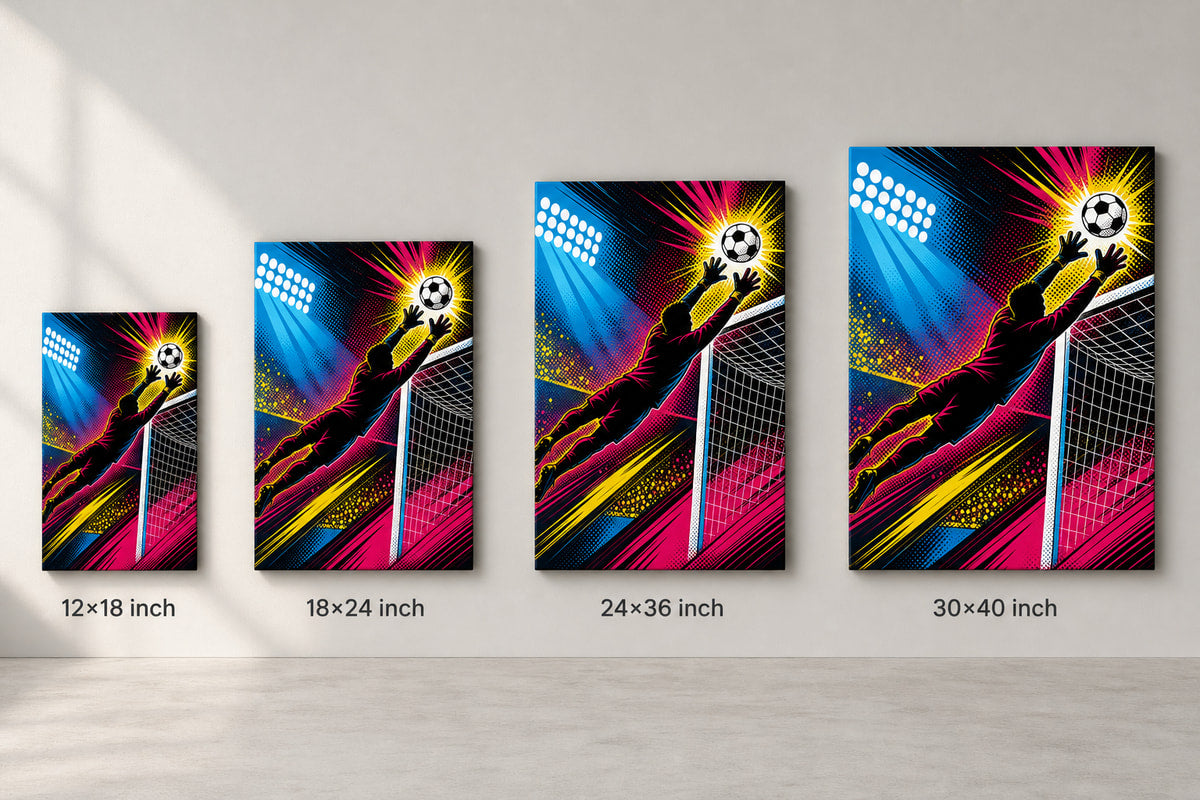 Pop Art Goalkeeper Save Soccer Canvas Wall Art 04 canvas size comparison