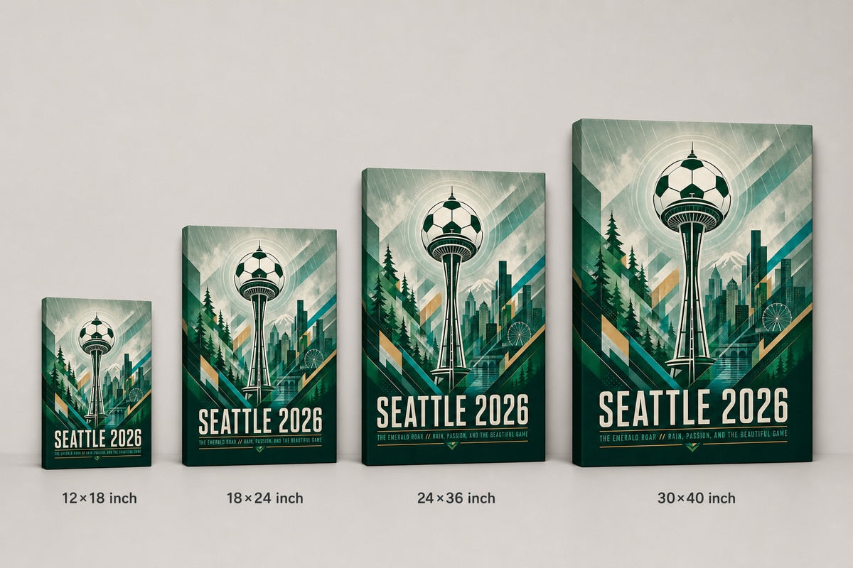 Seattle 2026 Emerald Roar Soccer Canvas Wall Art 05 canvas size comparison