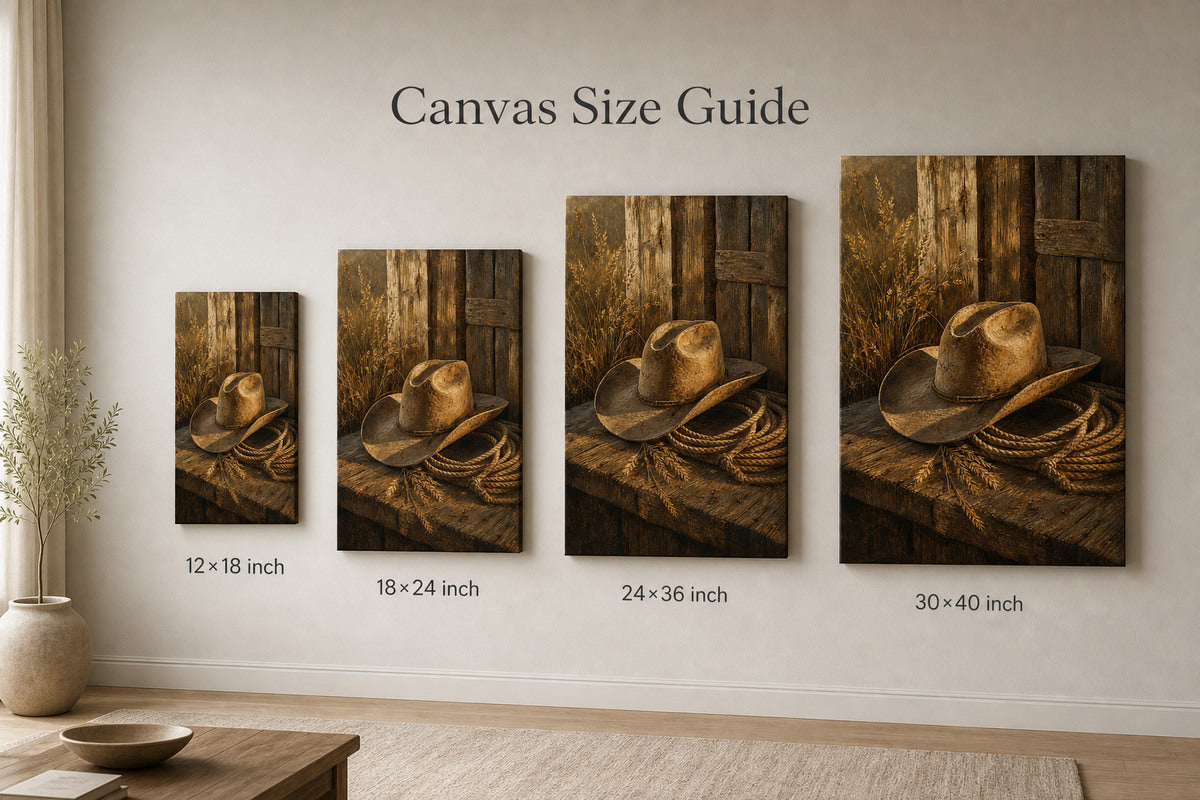 Rustic Cowboy Hat Still Life Canvas Wall Art - 08_size_comparison