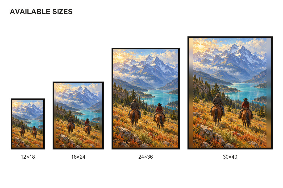 Two Western Riders Alpine Valley Canvas Wall Art size comparison guide