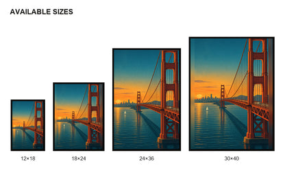 Golden Gate Bridge Sunset Travel Poster Canvas Wall Art size comparison guide