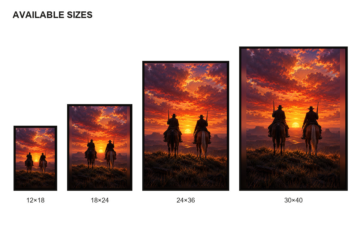 Two Cowboys Sunset Silhouette Canvas Wall Art size comparison guide