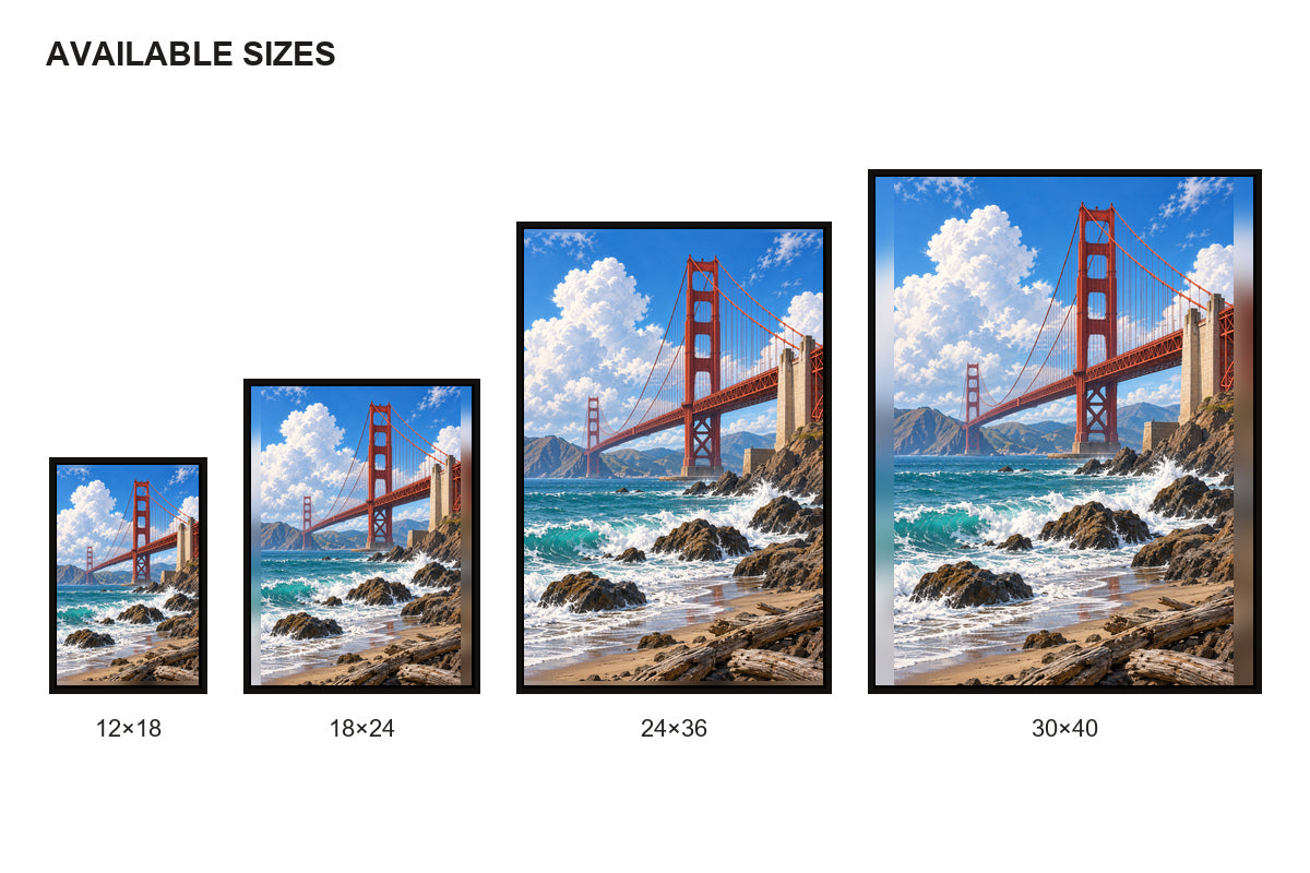 Golden Gate Bridge Rocky Coast Canvas Wall Art size comparison guide