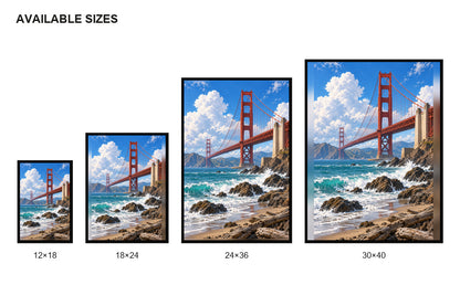Golden Gate Bridge Rocky Coast Canvas Wall Art size comparison guide
