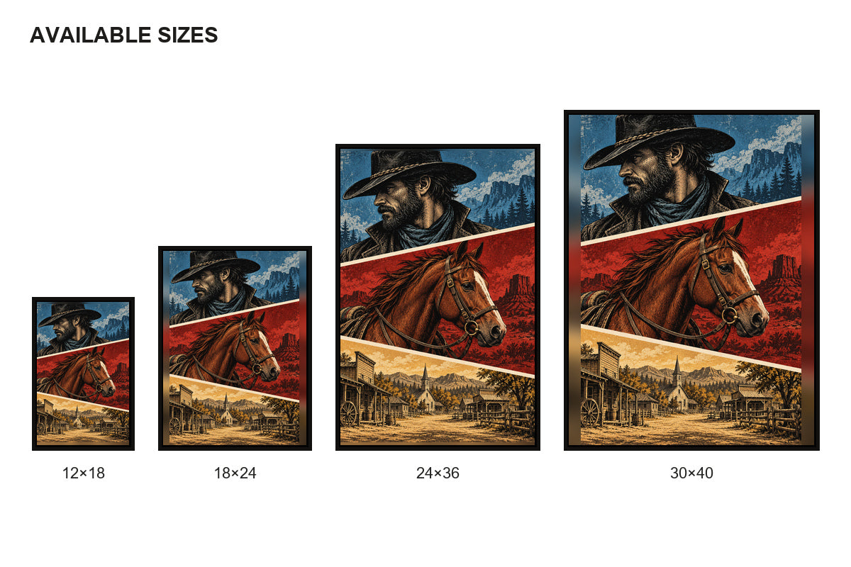 Cowboy Horse Frontier Three Panel Comic Canvas Wall Art size comparison guide