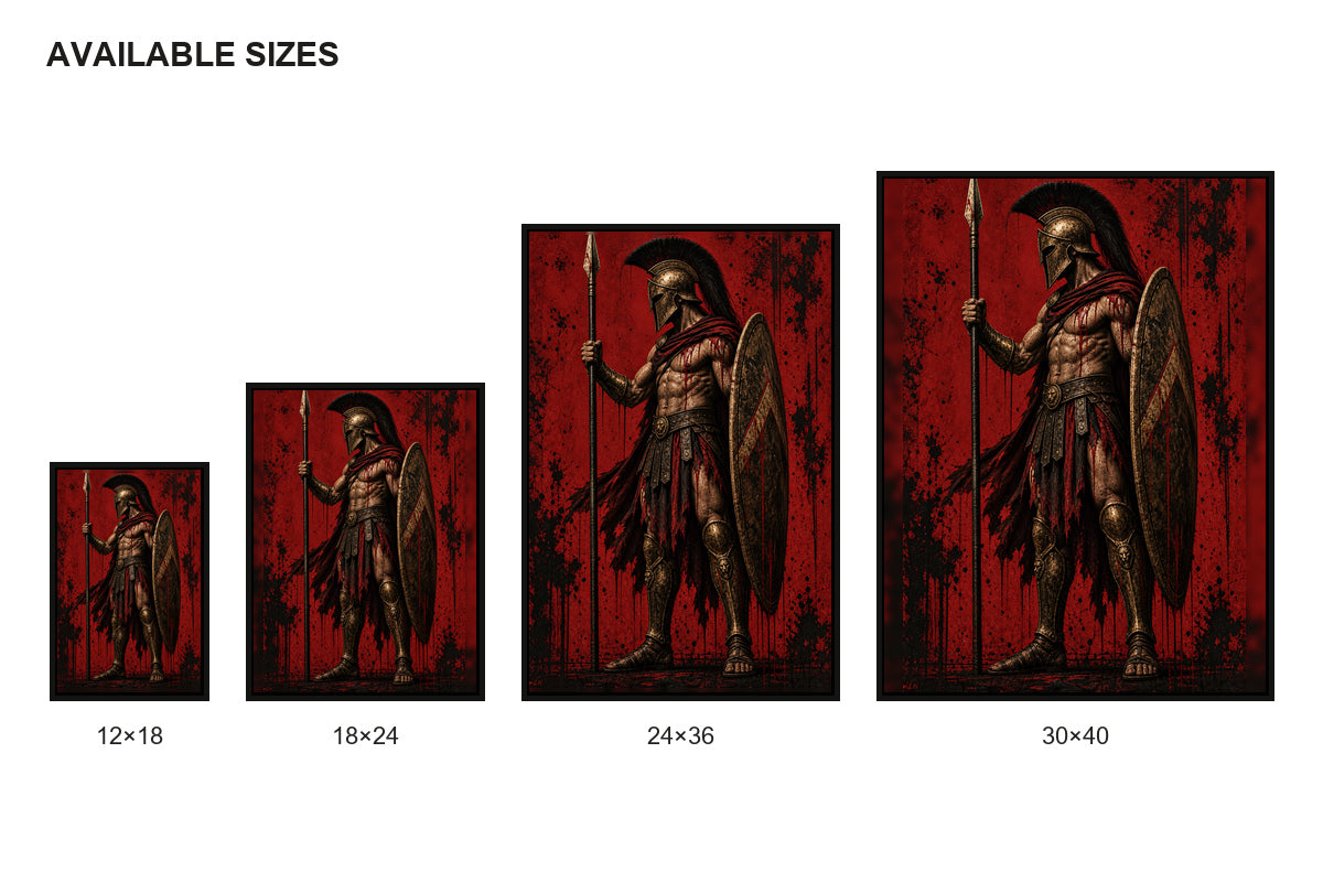 Ancient Hoplite Warrior Crimson Grunge Canvas Wall Art size comparison guide
