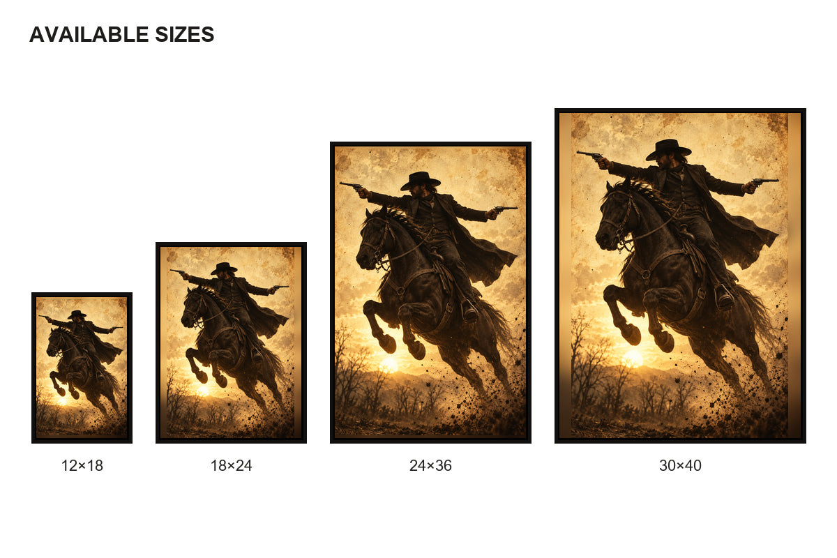Outlaw Cowboy Horse Action Vintage Canvas Wall Art size comparison guide