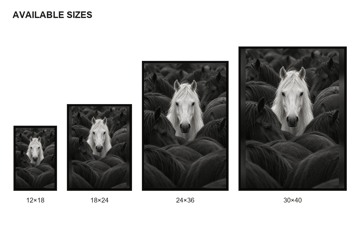 White Horse in Dark Herd Black and White Canvas Wall Art size comparison guide