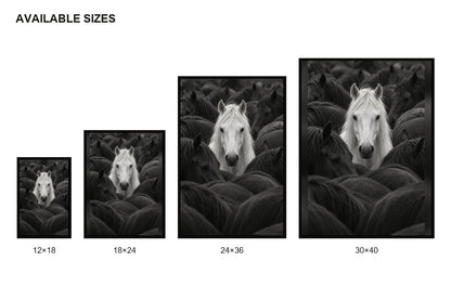 White Horse in Dark Herd Black and White Canvas Wall Art size comparison guide
