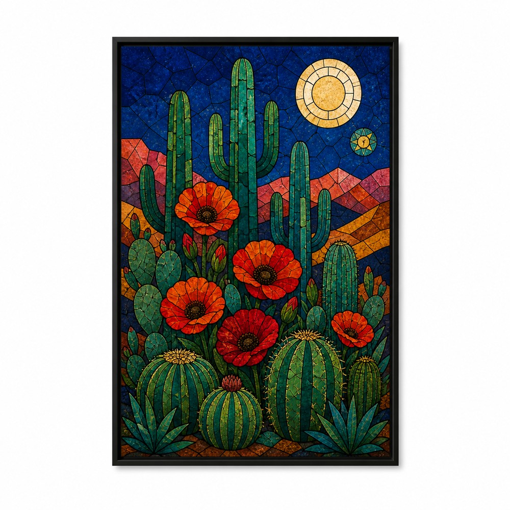Stained Glass Desert Cactus and Poppy Wall Art | SKU Black Frame