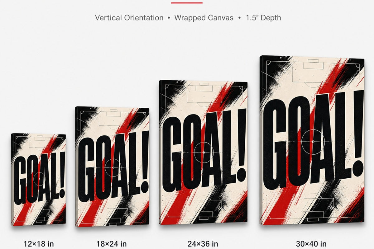 GOAL Soccer Typography Canvas Wall Art canvas size comparison